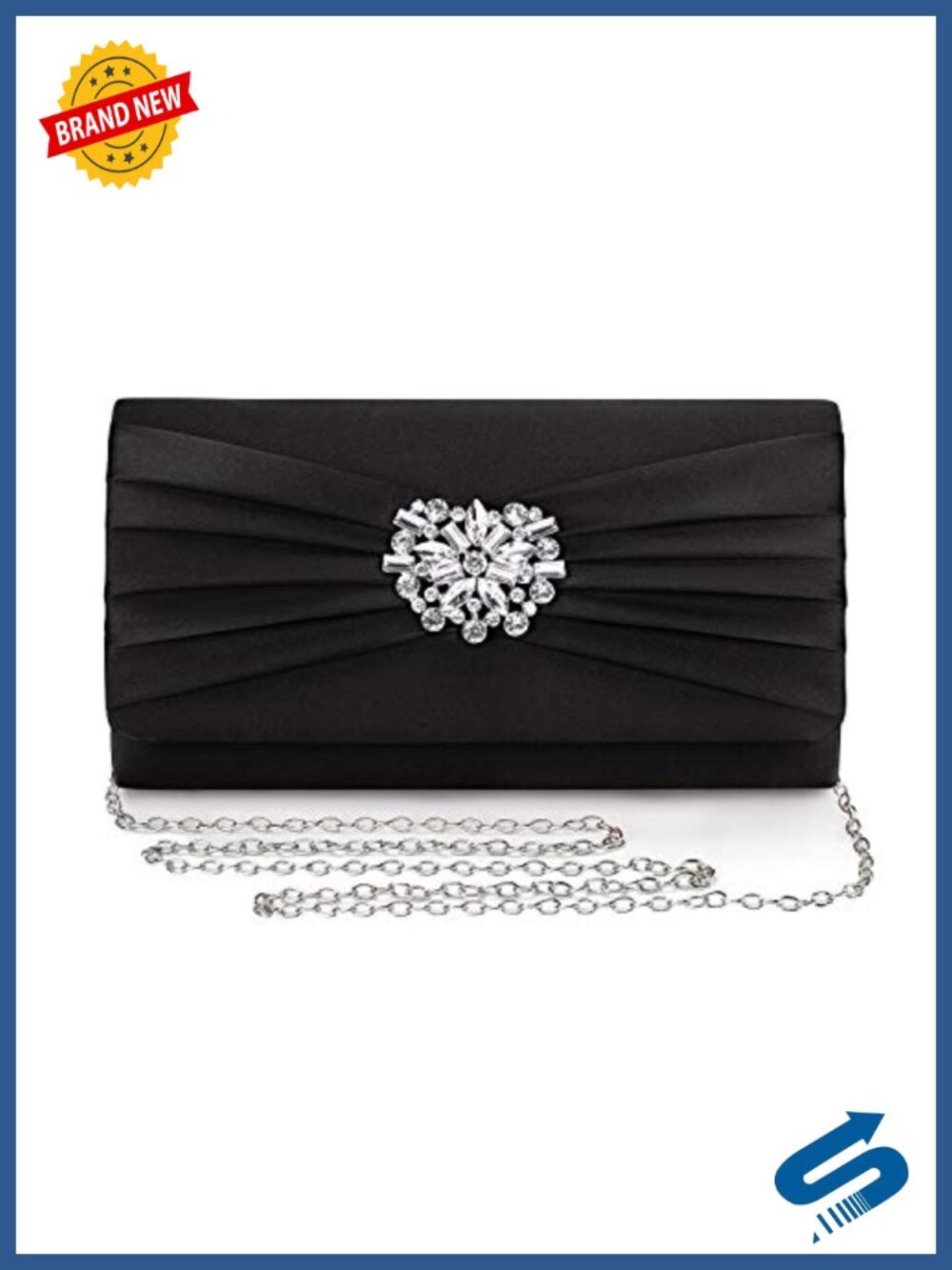 Pleated Satin Rhinestone Brooch Prom Clutch Purse Detachable Chain